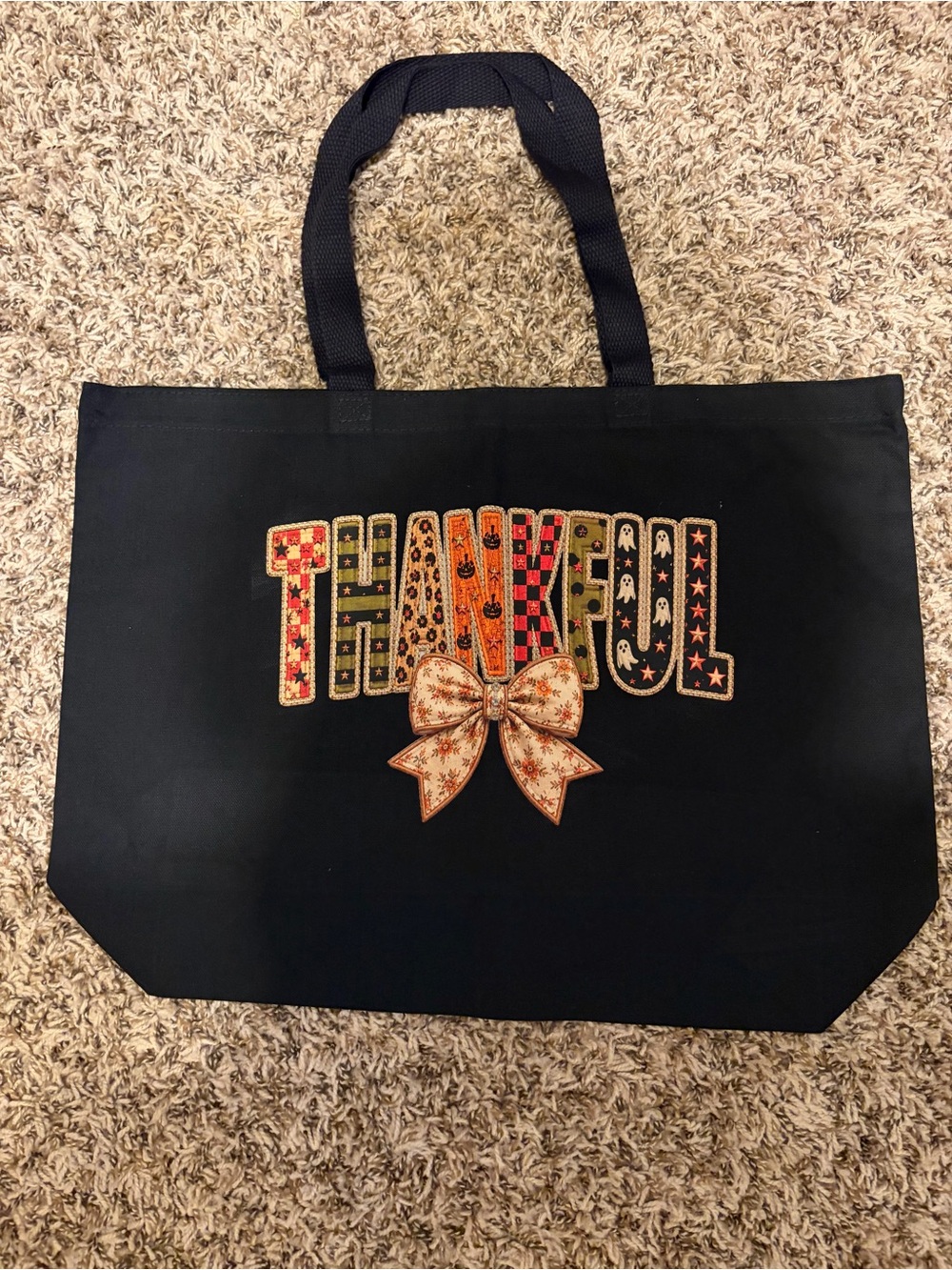 Black "Thankful" Embroidered Tote Bag with Bow Accent
